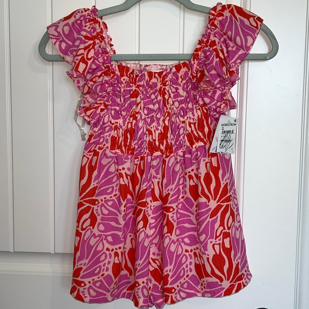 Bonnie Jean Girls Pink and Red Ruffled & Ruched Butterfly Romper Sz 6X - NWT!